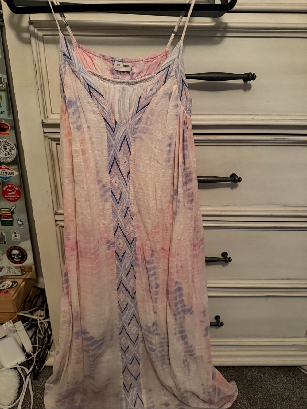 Cost Plus World Market Pink and Light Blue Tie-Dye Maxi Dress w Geometric Trim